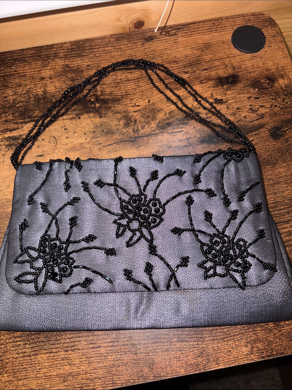 Vintage 1950s Beaded Floral Evening Clutch Bag in black